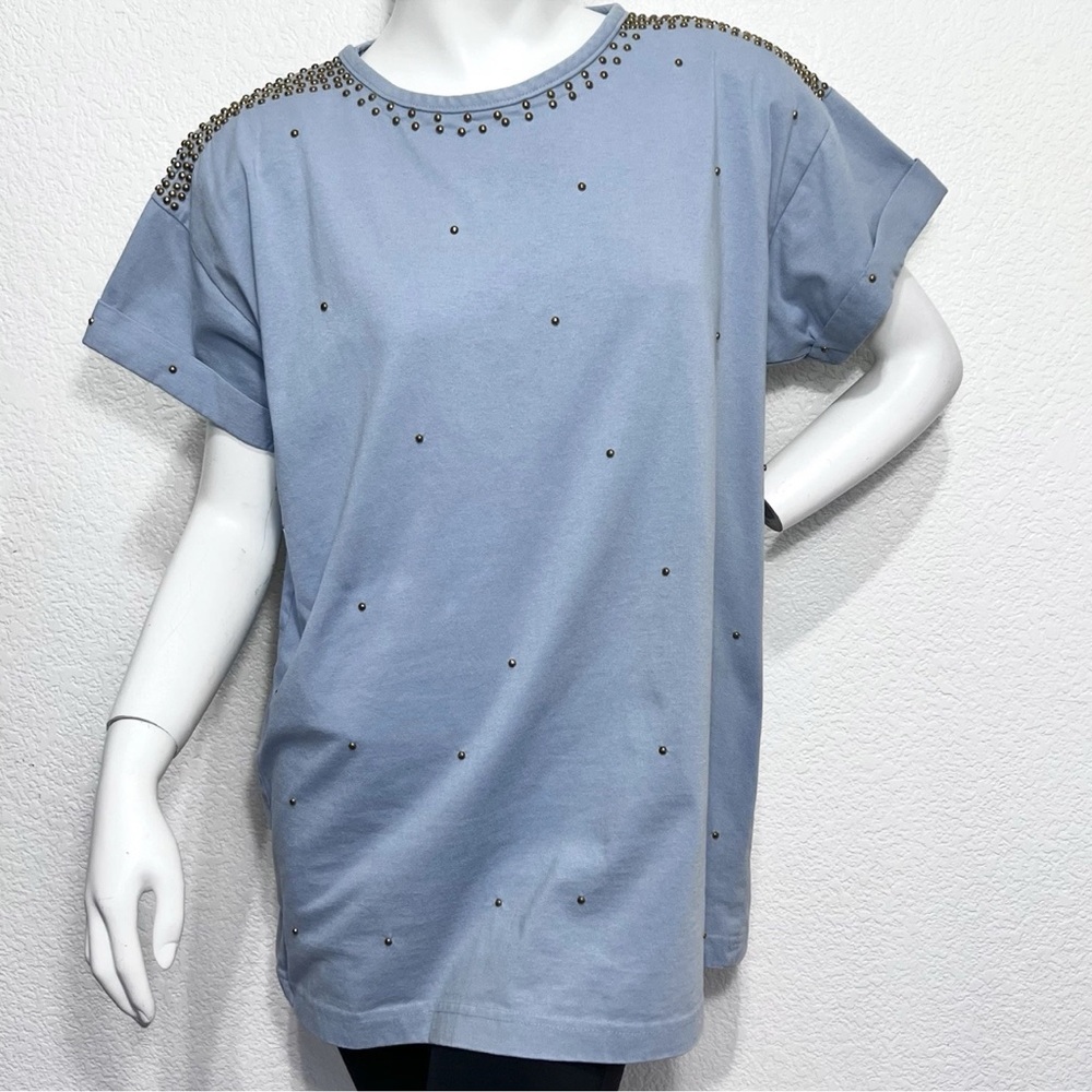 Vtg USA Visage Women XL Blouse Beaded Cuffed Sleeve Shoulder Pads Sky Blue Boxy